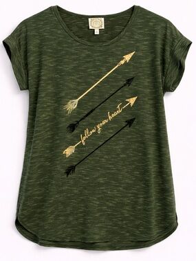 Graphic Arrow Tee Small Green Short Sleeve Follow Your Heart Casual Boho Top